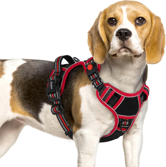 Eagloo Dog Harness Small Sized, Easy Wearing with 3 Buckles, Adjustable No Pull Pet Harness with 2 Rings for Walking, No Chock Reflective Soft Padded Vest with Control Handle, Black & Red, S