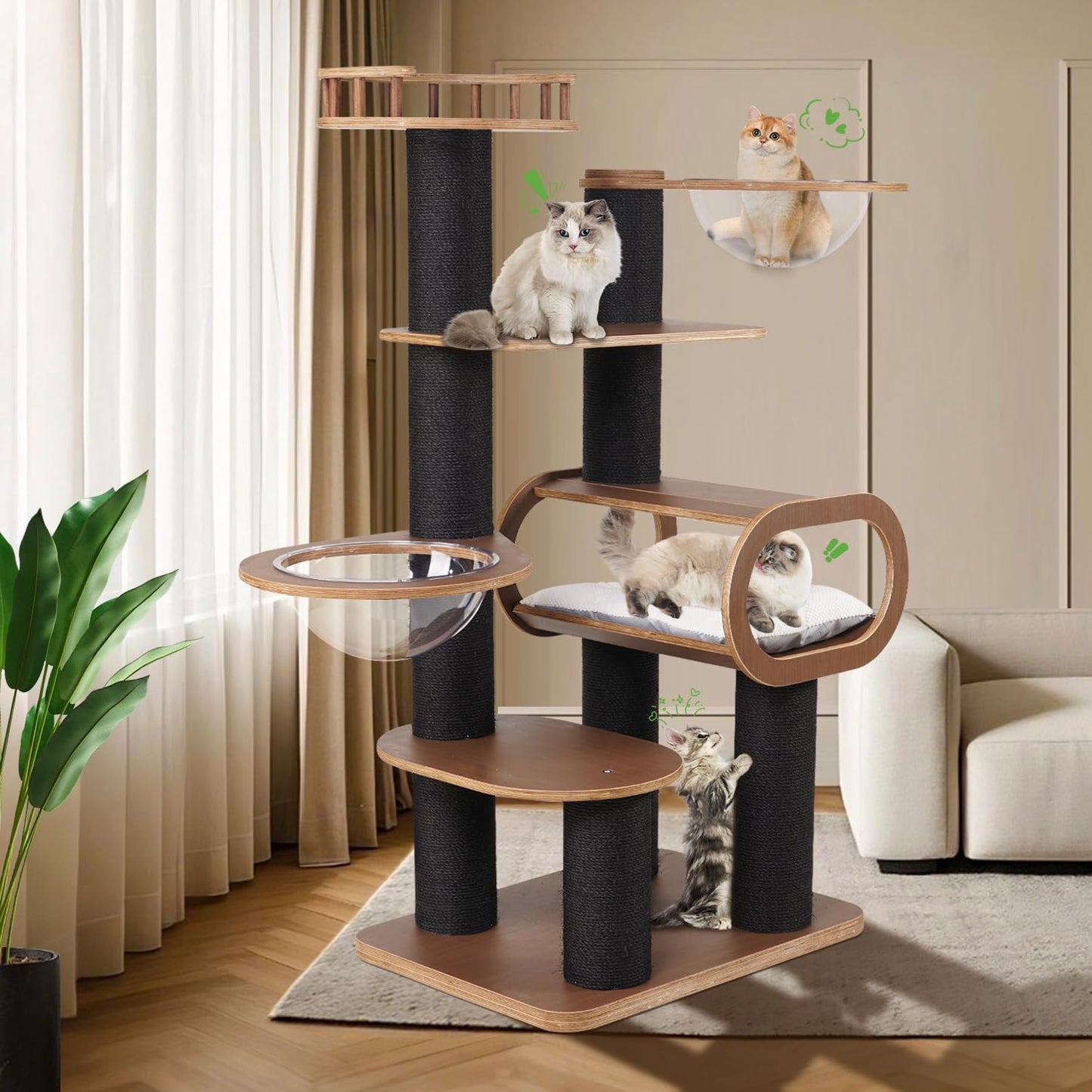 63'' Modern Cat Tree, Black Cat Tower with Scratching Post, Wooden Cat Tree for Indoor Cats Large Adult, Luxury Cat Furniture, Heavy Duty Activity Center with Transparent Bowl and Semi-Closed Condo