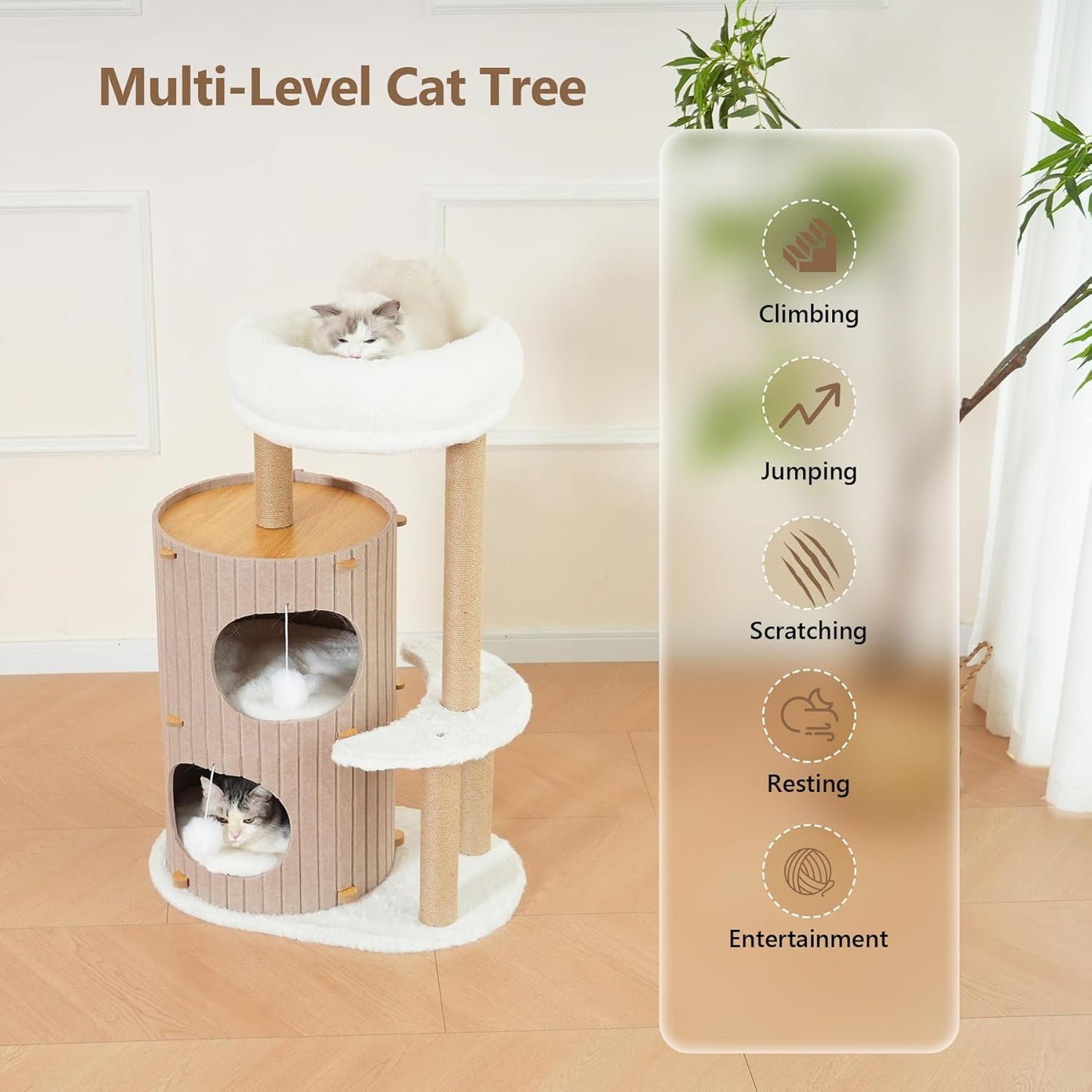 Cat Tree Tower with 2-Storey Large Felt Cat Bed Cave, Cozy Cats Tunnel Condo with Washable Cushions, 36.6"