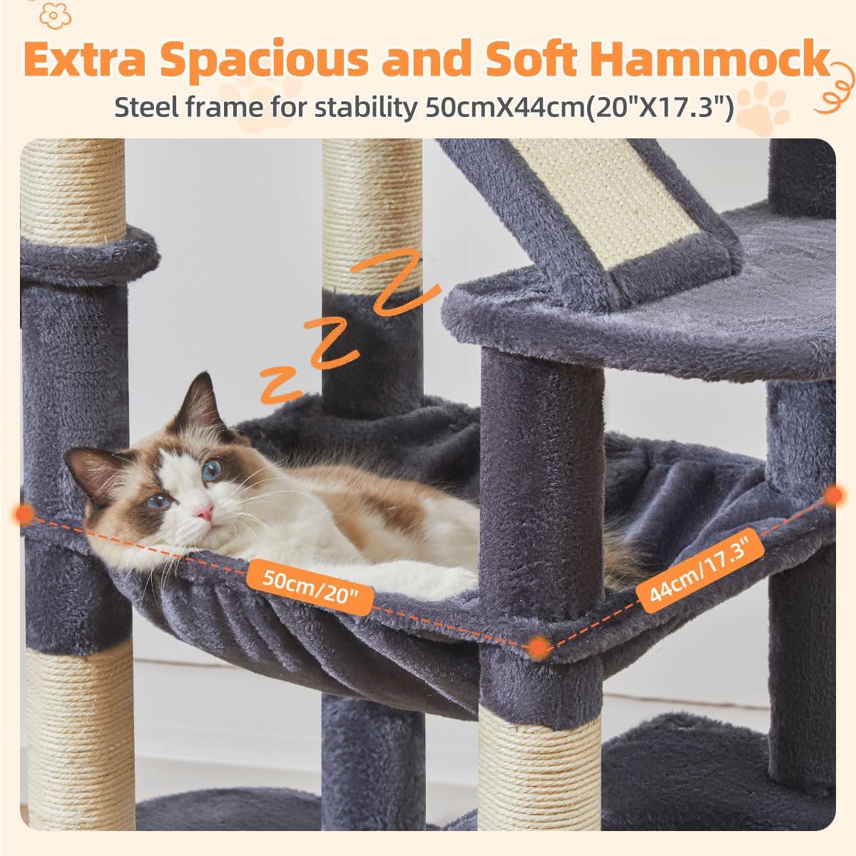 Taoqimiao Cat Tree 71-Inch, Cat Tower for Indoor Cats Large Adult, Multi-Level Large Cat Condo, 8 Sisal Scratching Posts, Metal Frame Cozy Hammock, Scratch Board, 2 Top Perches, Smoky Gray MS026LG