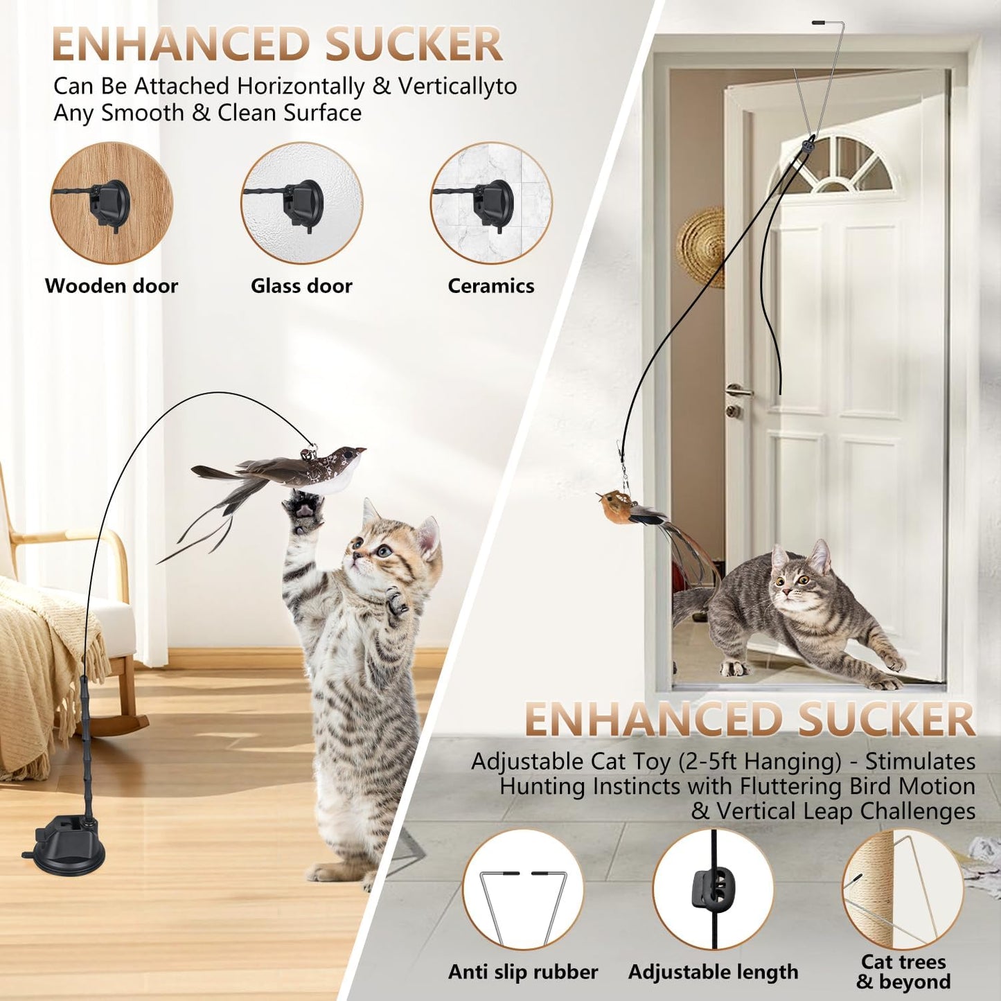 Cat Toys for Indoor Cats, Interactive Bird Cat Toy Self-Holding Suction Base with 5 Replaceable Birds, Door Hanging String, Feathers & Bells | Chase, Jump & Exercise for Kittens/Adult Cats