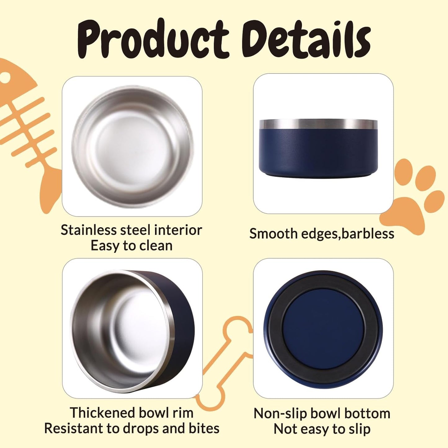 Personalized Dog Bowl Laser Engraved Custom Pet Name 18/32/42/64 oz No Slip Stainless Steel Insulated Bite-Resistant Food Water Dishes-Navy