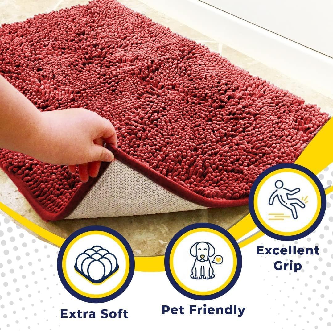 Muddy Mat® AS-SEEN-ON-TV Highly Absorbent Microfiber Door Mat and Pet Rug, Non Slip Thick Washable Area and Bath Mat Soft Chenille for Kitchen Bathroom Bedroom Indoor and Outdoor - Red 24" x 72"