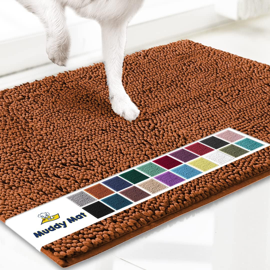 Muddy Mat® AS-SEEN-ON-TV Highly Absorbent Microfiber Dog Door Mat and Pet Rug, Non Slip Thick Washable Area and Bath Mat Soft Chenille for Kitchen Bathroom Bedroom and Indoor - Orange Large 35"X24"