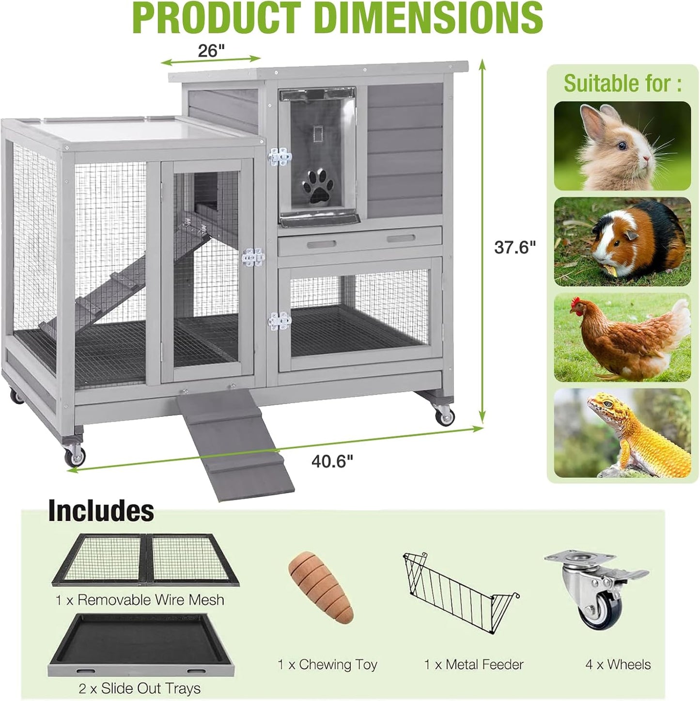 GUTINNEEN Indoor Rabbit Hutch Guinea Pig Cages with Chew-Proof Ramp, 2-Story Wooden Bunny House with Pull-Out Tray & Lockable Caster Wheels, Small Animal Cage for 2-4 Rabbits & Guinea Pigs (Grey)