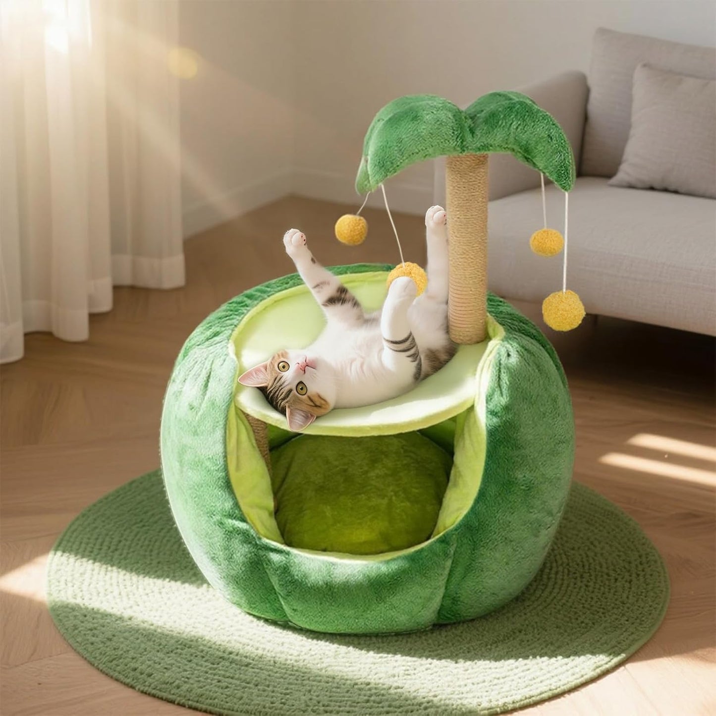 Cat Houses for Indoor Cats, Small Cat Tree with Sisal Ropes and Plush Perch, Cute Cat Bed Cave with Soft Pillow, Coconut Palm Design