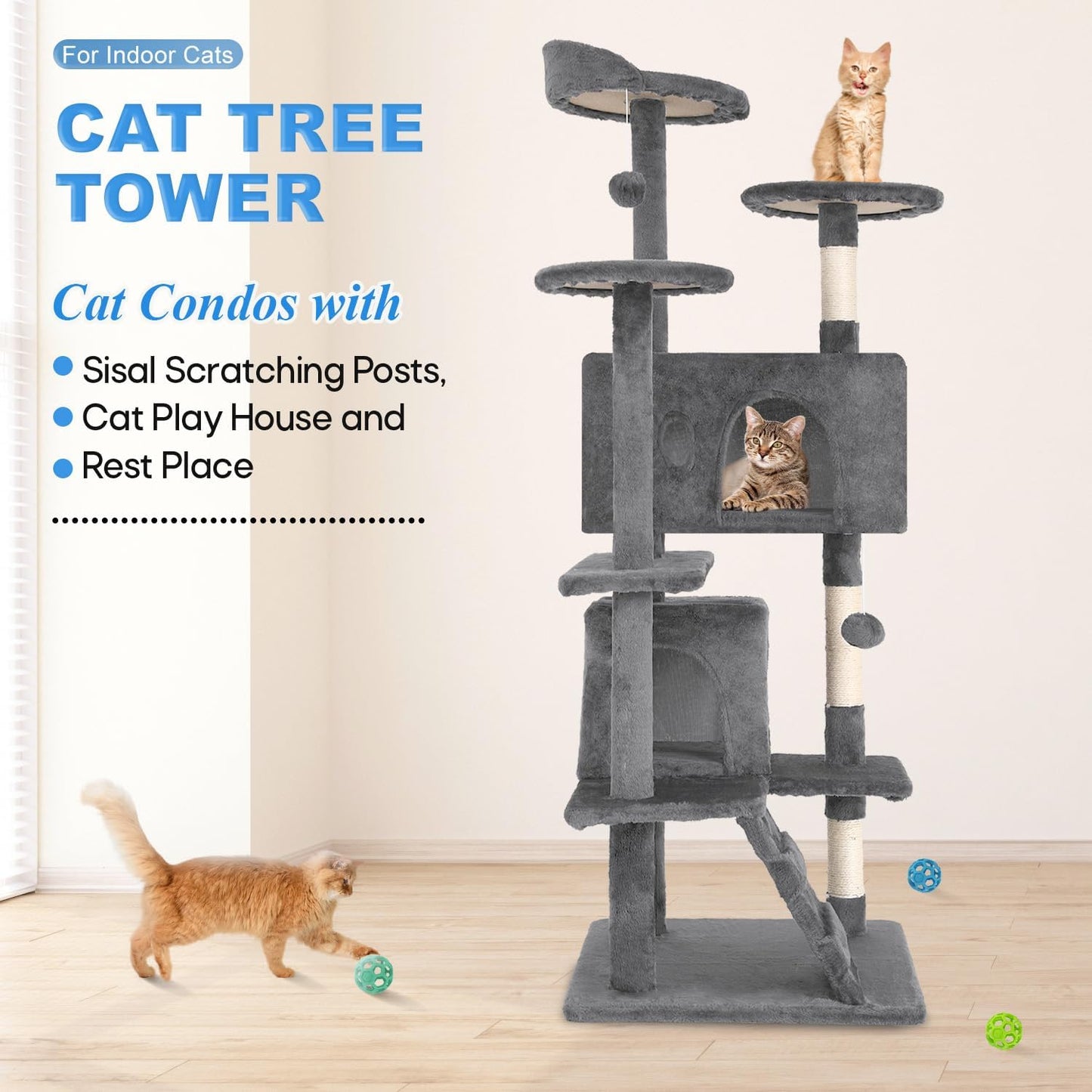 FDW Cat Tree 54in Cat Tower Multi-Level Durable Cat Scratching Post & Cozy Fun Cat Jumping Platform Space Saving Cat Condo Pet Play House for Indoor Cats,Light Gray