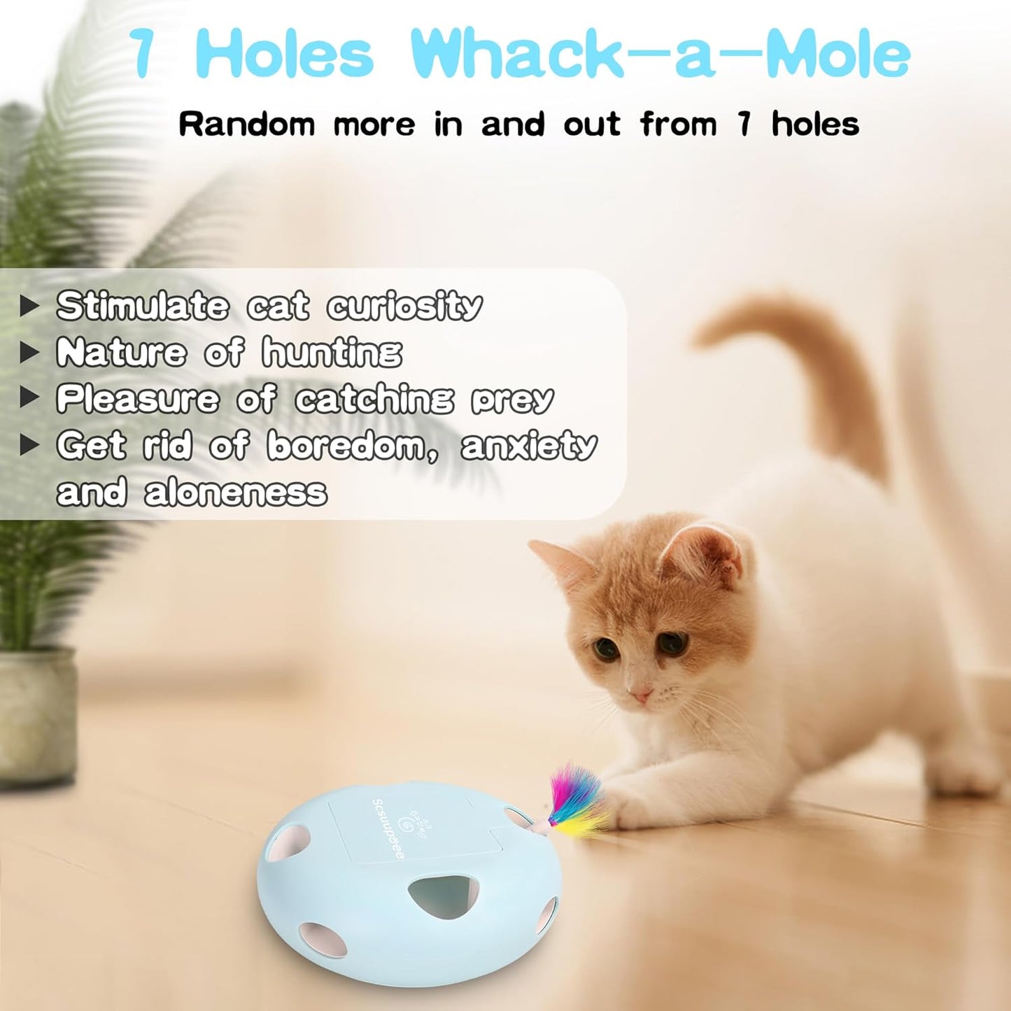 IInteractive Cat Toy, Electric Cat Toys for Moving Concealed Feathers, Smart Sensor 7 Holes Whack a Mole Feather Toy, USB Charge Automatic Kitten Toys,Blue