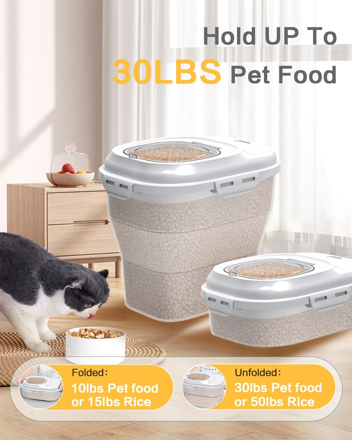 ANVS Dog Food Storage Container - Collapsible Dog Food Container with Airtight Lids, Scoop and 2.5L Small Pet Food Storage Container Dry Food For Dog, Cat and Other Pet Food (Transparent, 30 lbs)