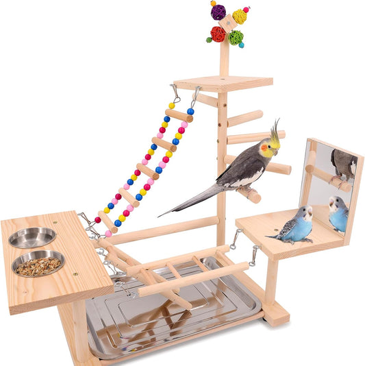 Wooden Bird Parrots Playground, Bird Perch Stand, with Bird Ladder Chewing Toys, Out of Cage Accessories