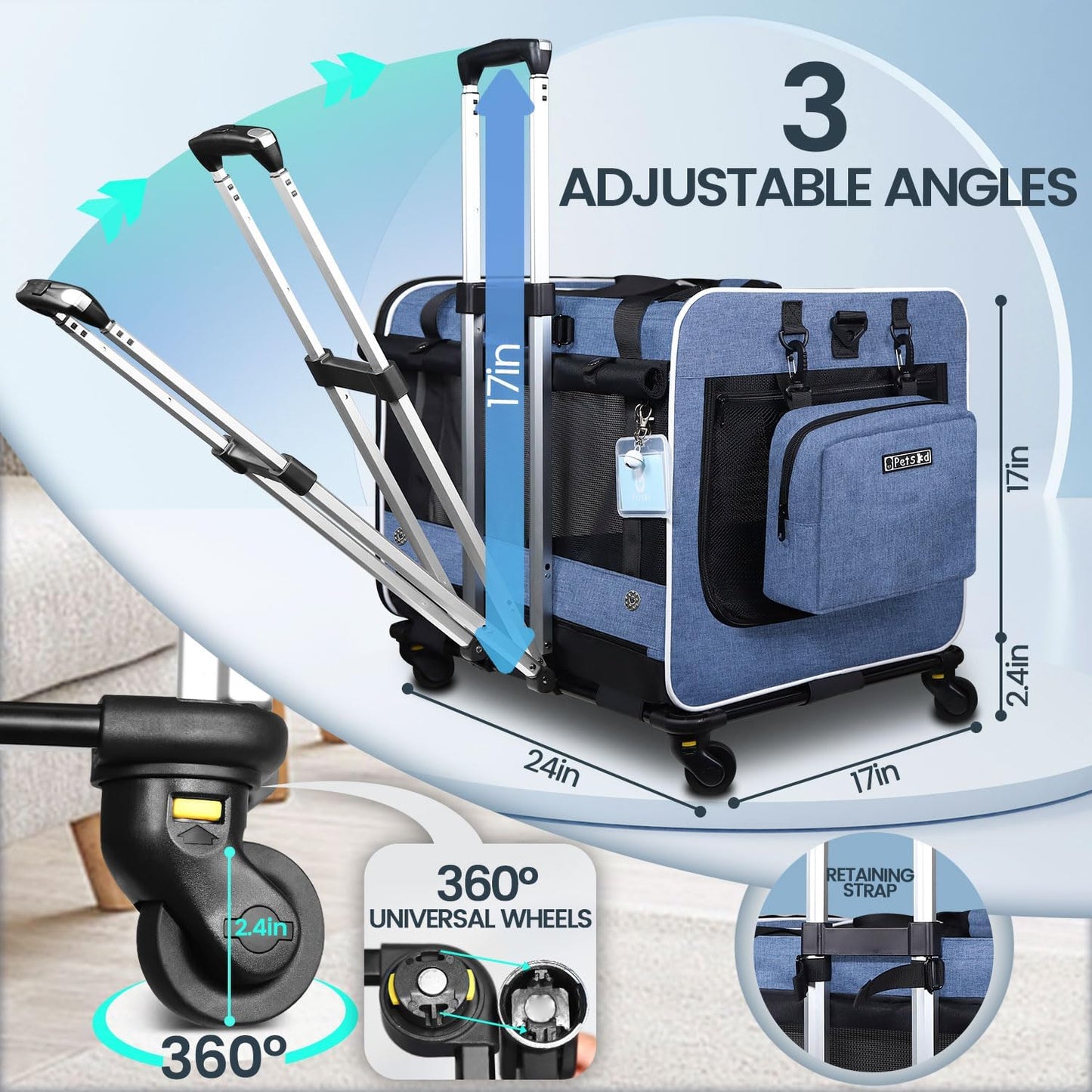 Petskd Extra Large Cat Carrier with Wheels and Litter Box, 24"x17"x17" Rolling Soft Carrier Until 55LBS Pets with 5 Breathable Mesh Windows and Locking Zippers for Long Distance Car Travel(Blue)