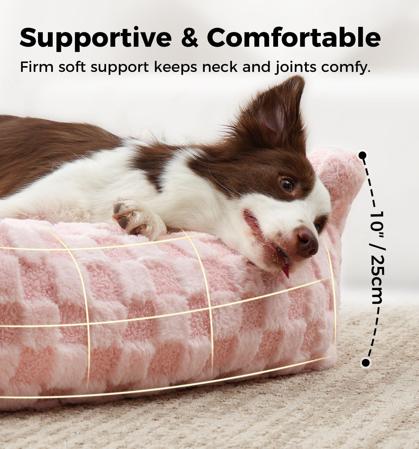 Made4Pets Cat Couch Bed, Soft Faux Fur Checkered Pet Sofa, Calming Fluffy Cat Sofa with Supportive Foam, Removable Washable Cover with Non-Slip Base, Pink, Small