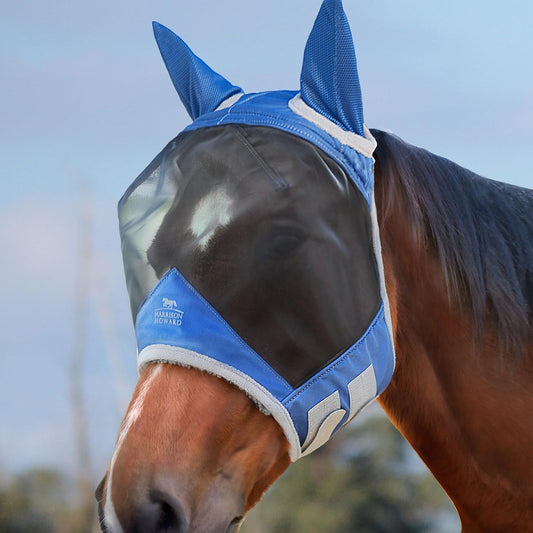 Harrison Howard CareMaster Pro Luminous Horse Fly Mask Large Eye Space Standard with Ears UV Protection for Horse Royal Blue M Cob