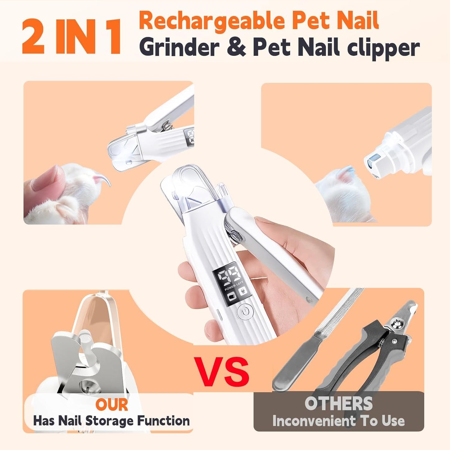 2-in-1 Dog Nail Clippers & Cat Nail Clippers Trimmers for Large Medium Small Dogs Cats Claw Trimmer Very Quiet and Low Vibration Electric Dog Nail Grinder with 2 LED Lights Pet Nail File Safe Painless