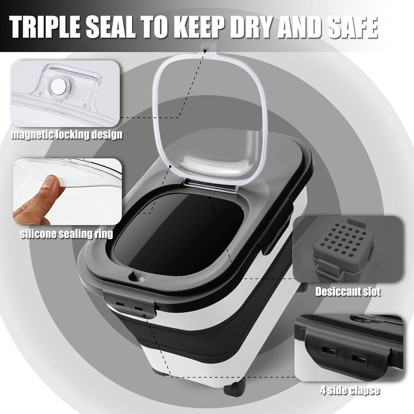 Collapsible Dog Food Storage Container with Lids, Airtight Rice Flour Cereal Sugar Cat Pet Bird Seed Containers Dispenser Bin Bucket with Rolling Wheel, 20 25 30 Lbs Plastic Sealable Kitchen Holder