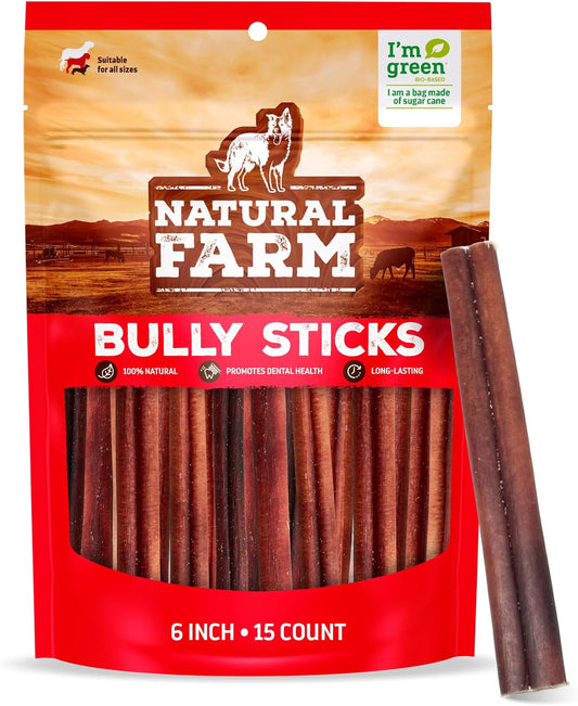 Natural Farm Odor-Free Bully Sticks (6 Inch, 15 Count), Single Ingredient: 100% Beef Chews, Grass-Fed, Non-GMO, Grain-Free, Fully Digestible Treats for Puppies, Small or Senior Dog