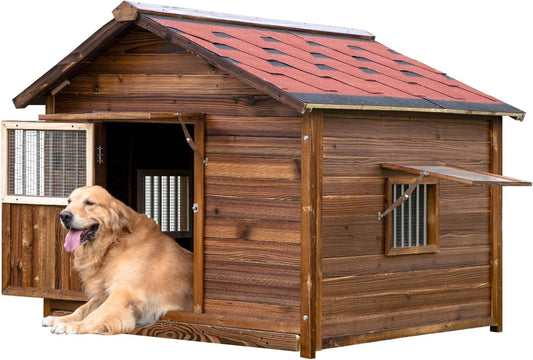 Extra Large Dog House Outdoor Made of Solid Pine Wood, Warm Doghouse, Dog House with Elevated Floor for Large Dogs, (Wood, 2XL)