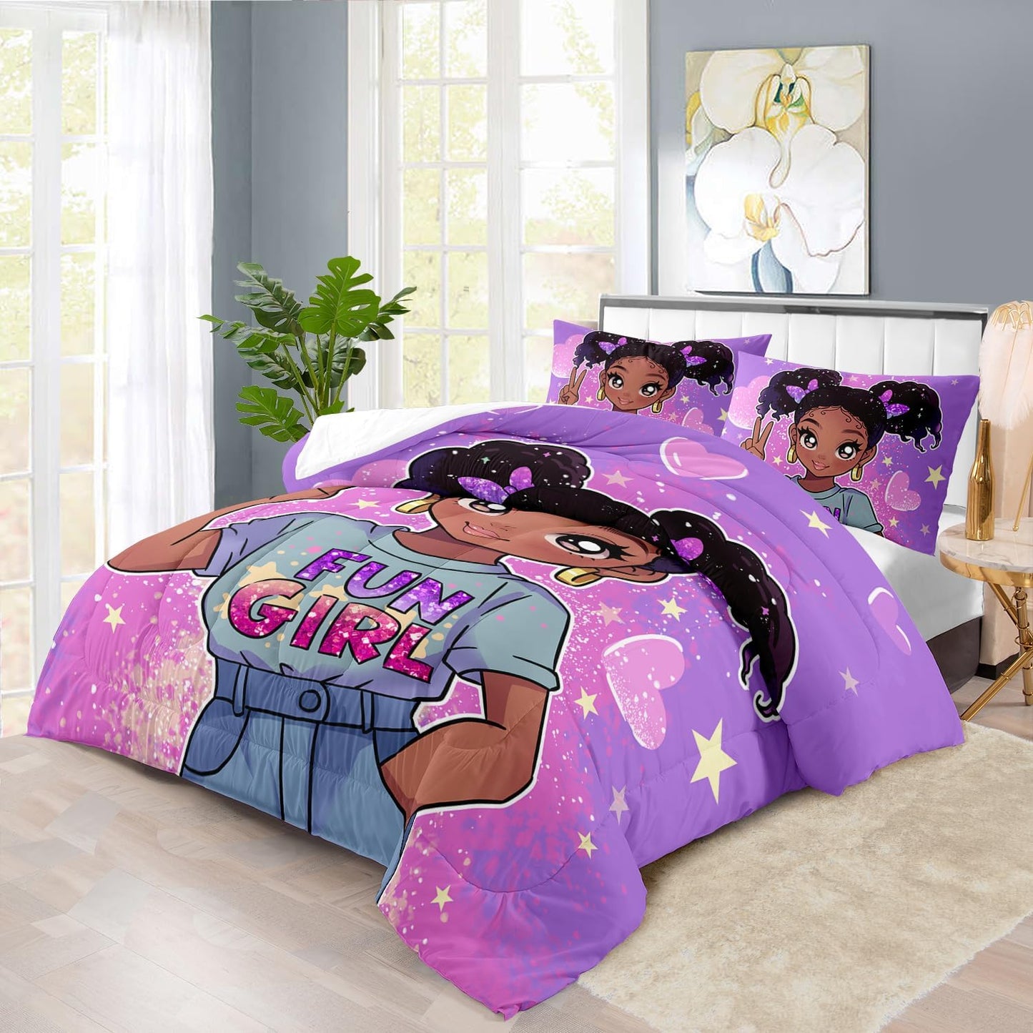 African American Black Girl Comforter Set Full Size,Cute Black Girl Bedding Set Full for Kids,Kawaii Heart Comforter Purple Bedding Decor for Teen,Purple Bed Quilt