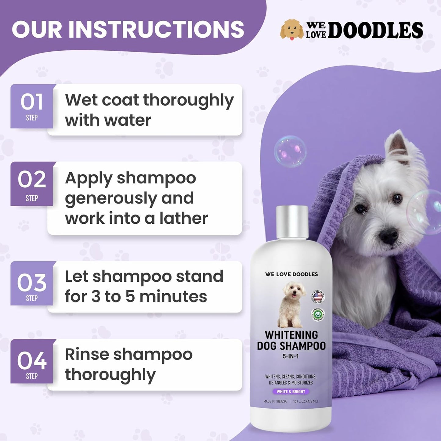 Whitening Dog Shampoo | Made in USA | Brightening Dogs Fur | White & Bright Hair | Removes Stains & Discoloration [We Love Doodles]