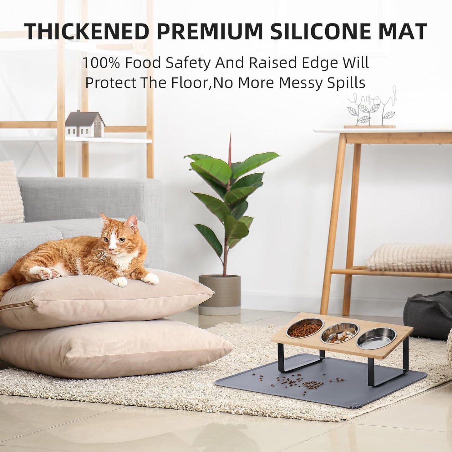 Upgraded Elevated Cat Bowls with Food Mat,15°Tilted Stand Anti Vomiting Raised Cat Dishes for Food and Water,3 Stainless Steel Bowls for Cats and Puppy