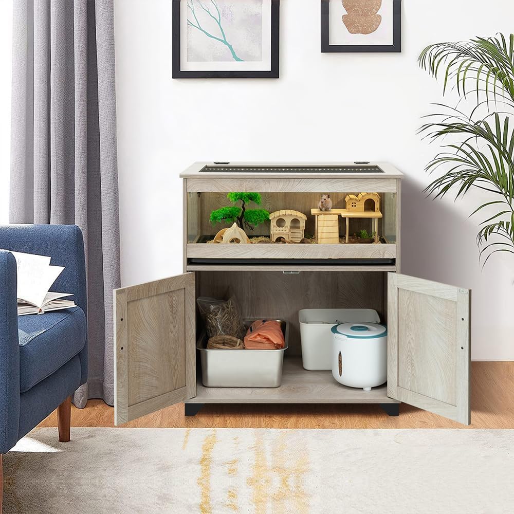 unipaws Hedgehog Cage with Storage Cabinet, Hamster Cage for Rat and Guinea Pigs, Clear Transparent PVC Visual Small Animal Cage with Tray, Hamster Enclosure, Grey