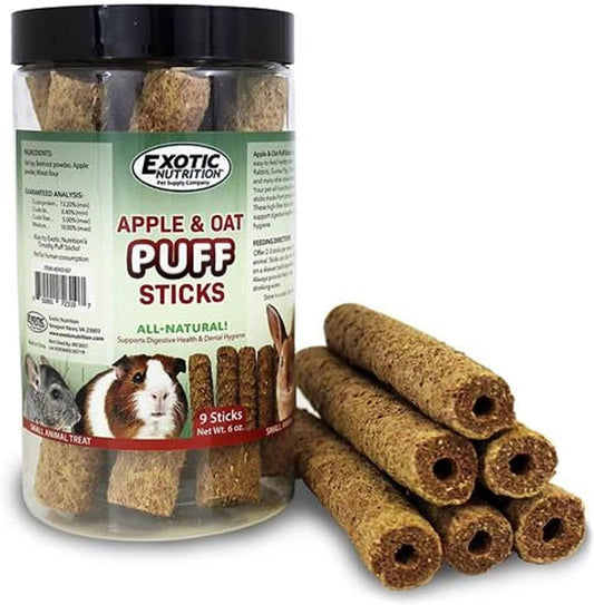 Apple & Oat Puff Sticks (6 oz.) - Healthy Natural High Fiber Chew Treat Made with Oat Hay - Rabbits, Guinea Pigs, Hamsters, Chinchillas, Degus, Prairie Dogs, Squirrels, Skunks, Opossums, Small Pets