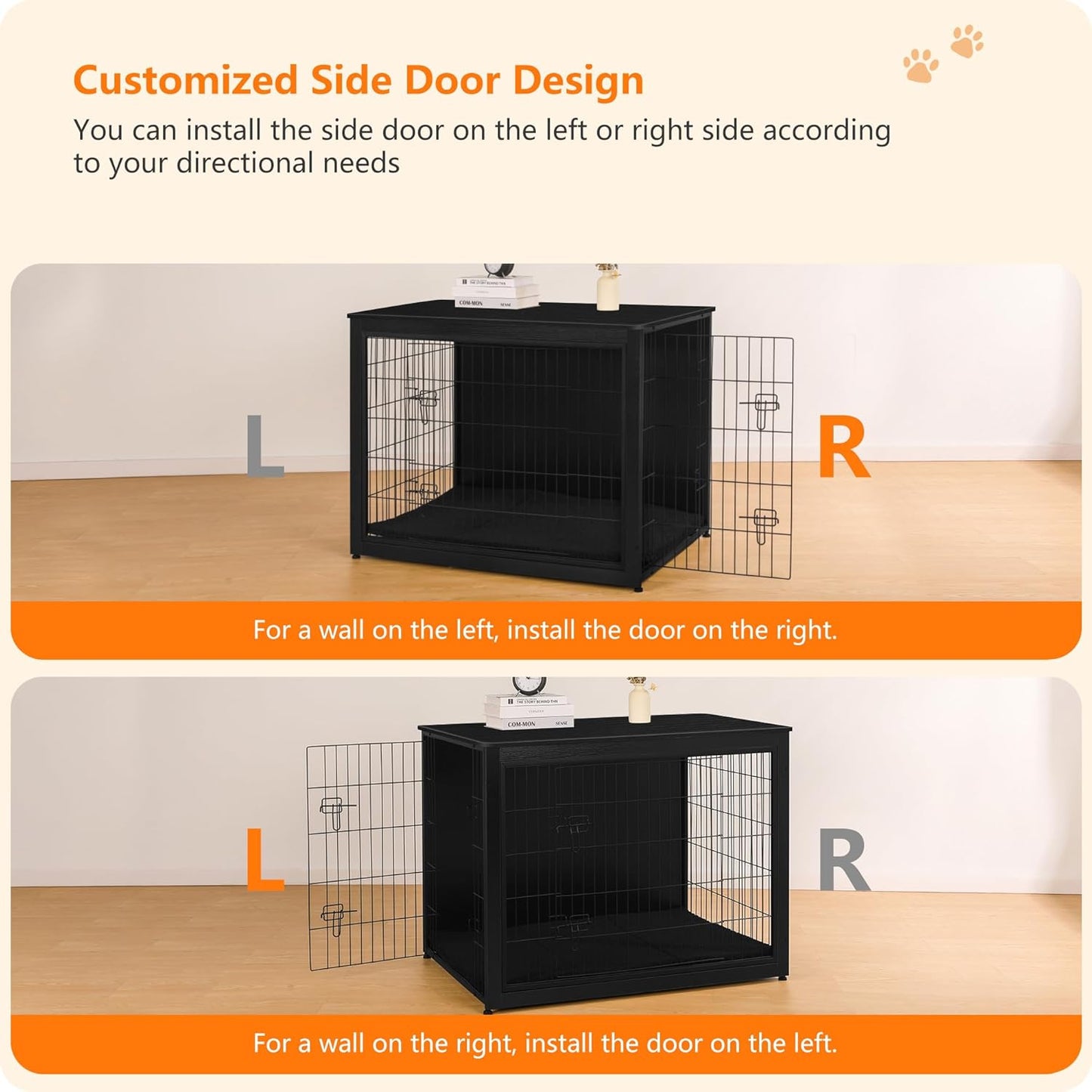 DWANTON Dog Crate Furniture with Cushion, Wooden Kennel Table with Double Doors, Indoor Dog House, Extra Large Size, 43.3" L, Black