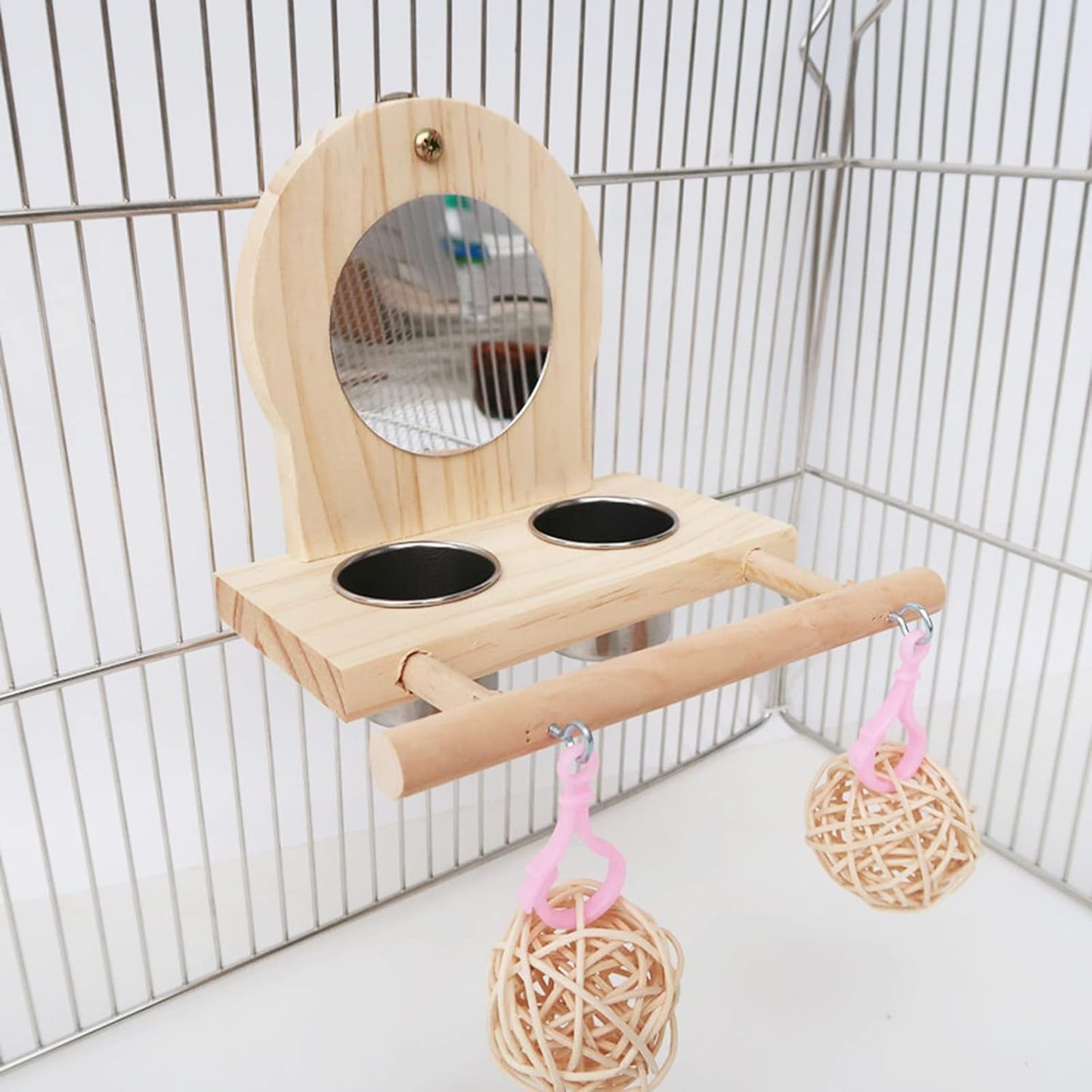Bird Mirror for Cage, with2 Pcs Stainless Steel Bird Feeding & Watering Cup, Bird Perch and Bird Training Toys Small Rattan Balls for Budgies, Parakeets, Lovebirds and Finch Canaries Cage