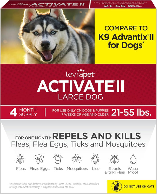 TevraPet Activate II Flea and Tick Prevention for Dogs | 4 Count | Large Dogs 21-55 lbs | Topical Drops | 4 Months Flea Treatment