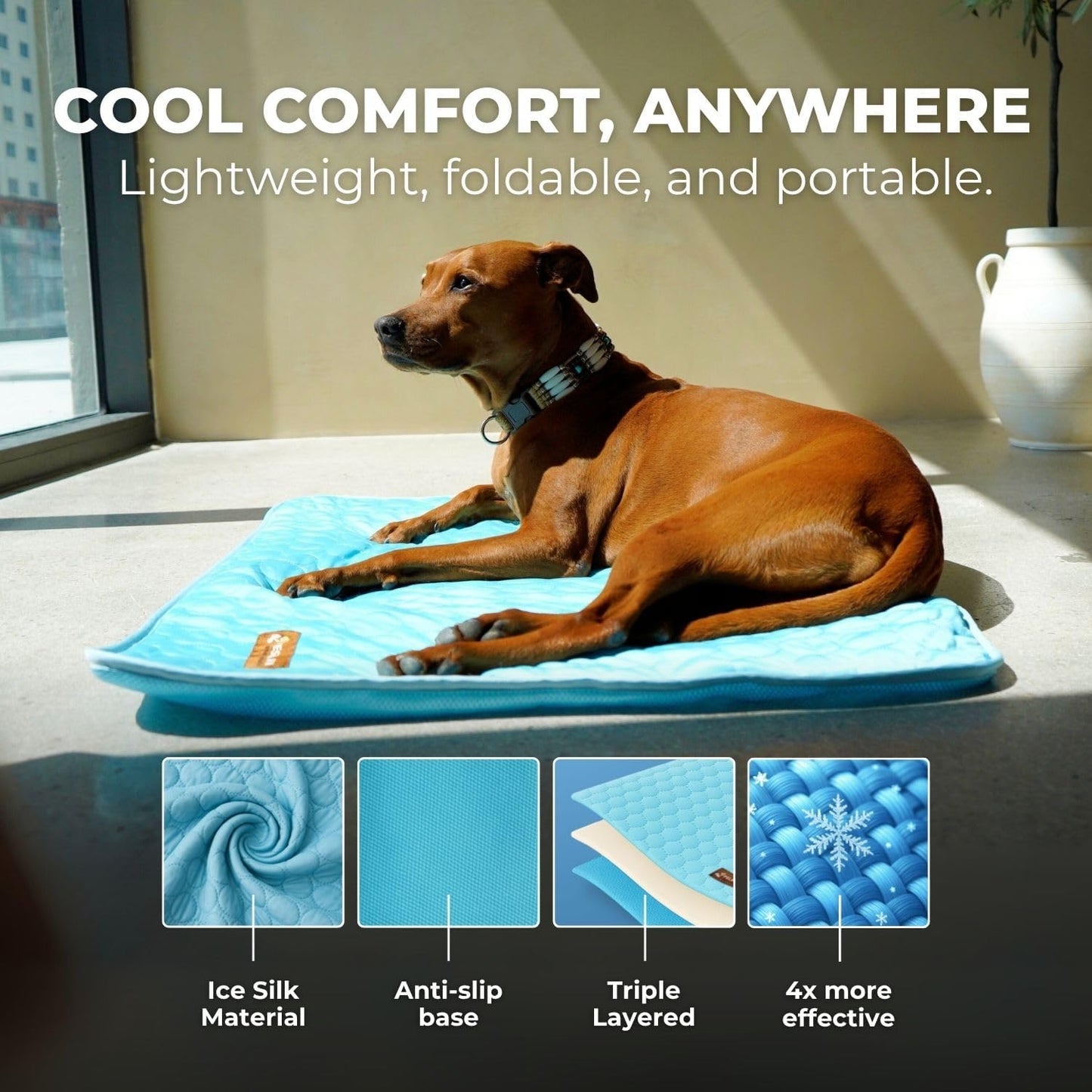 Dog Cooling Mat- Ice Silk Summer Comfort, Self Cooling, Non-Slip Dog Pad, Durable & Washable, Mat for Extra Large Dogs 85x115 cm, Support Shelter Dogs with Every Purchase (Blue)