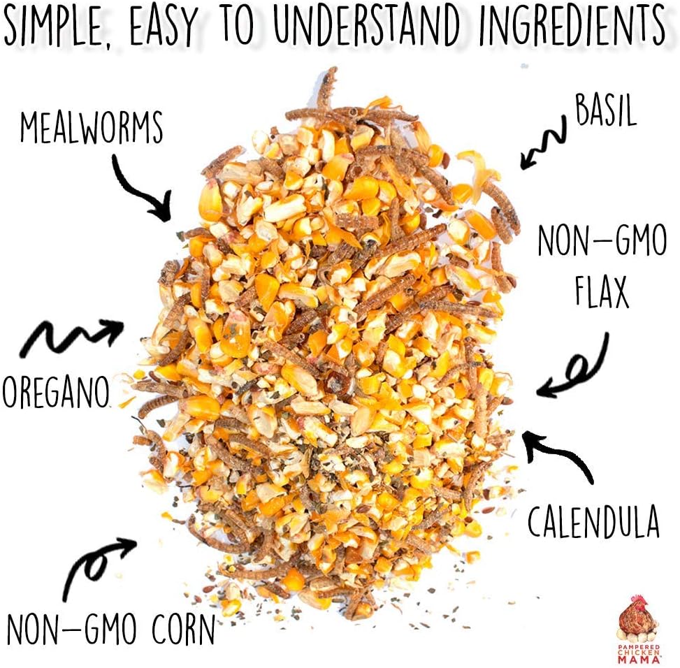 Pampered Chicken Mama Non-GMO Mealworm, Corn, Flax, & Herb Treat for Backyard Chickens, Healthy Layer Feed & Supplies for Pet Chickens Poultry Queen Treat for Hens (20 pounds)