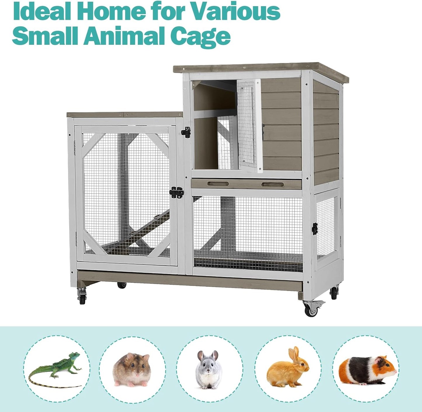 Rabbit Hutch Indoor for 2-4 Rabbits & Guinea Pigs，Bunny Cage with Slide-Out Plastic Trays，Wooden Small Animal Cage for Rabbits, Bunnies, and Guinea Pigs (Light Brown)
