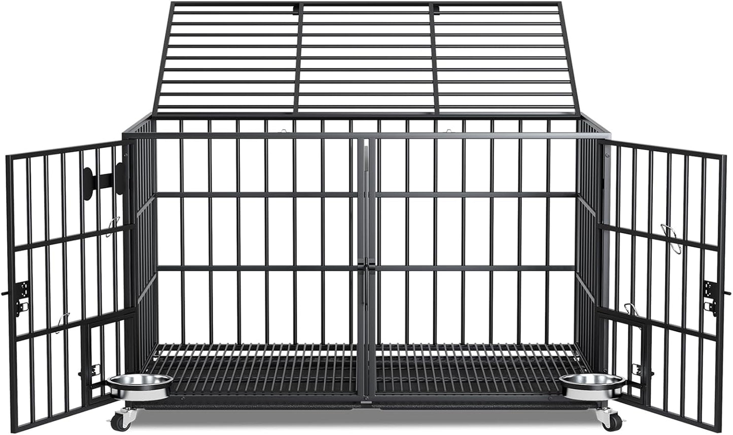 54 inch XL Dog Crate for Large Dog/Double Medium Dogs,Heavy Duty Metal Dog Cages,All Metal Open Top,Dog Kennel Indoor with Wheels,Floor Grid, Tray, Divider and Feeding Bowl