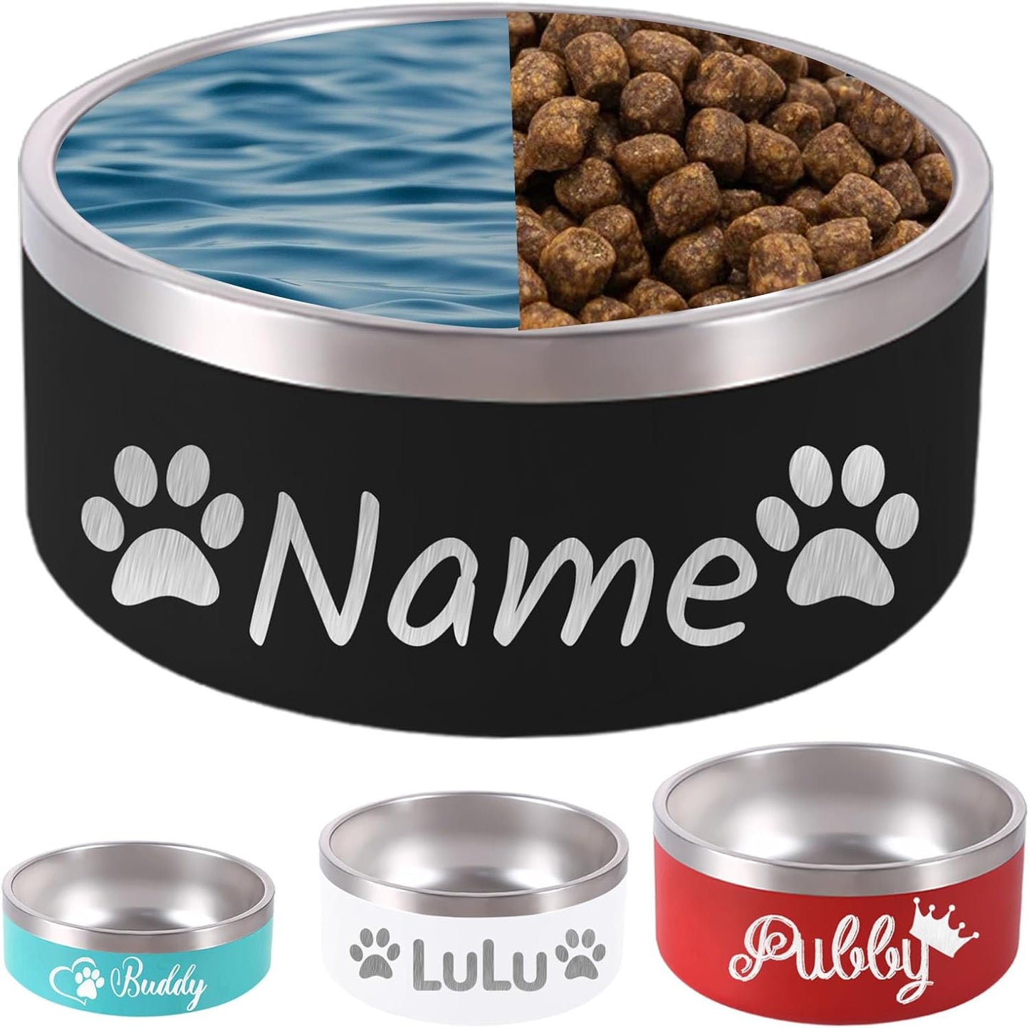 32OZ Personalized Dog Bowl Laser Engraved Custom Pet Name 18/32/42/64 oz No Slip Stainless Steel Insulated Bite-Resistant Food Water Dishes-Black