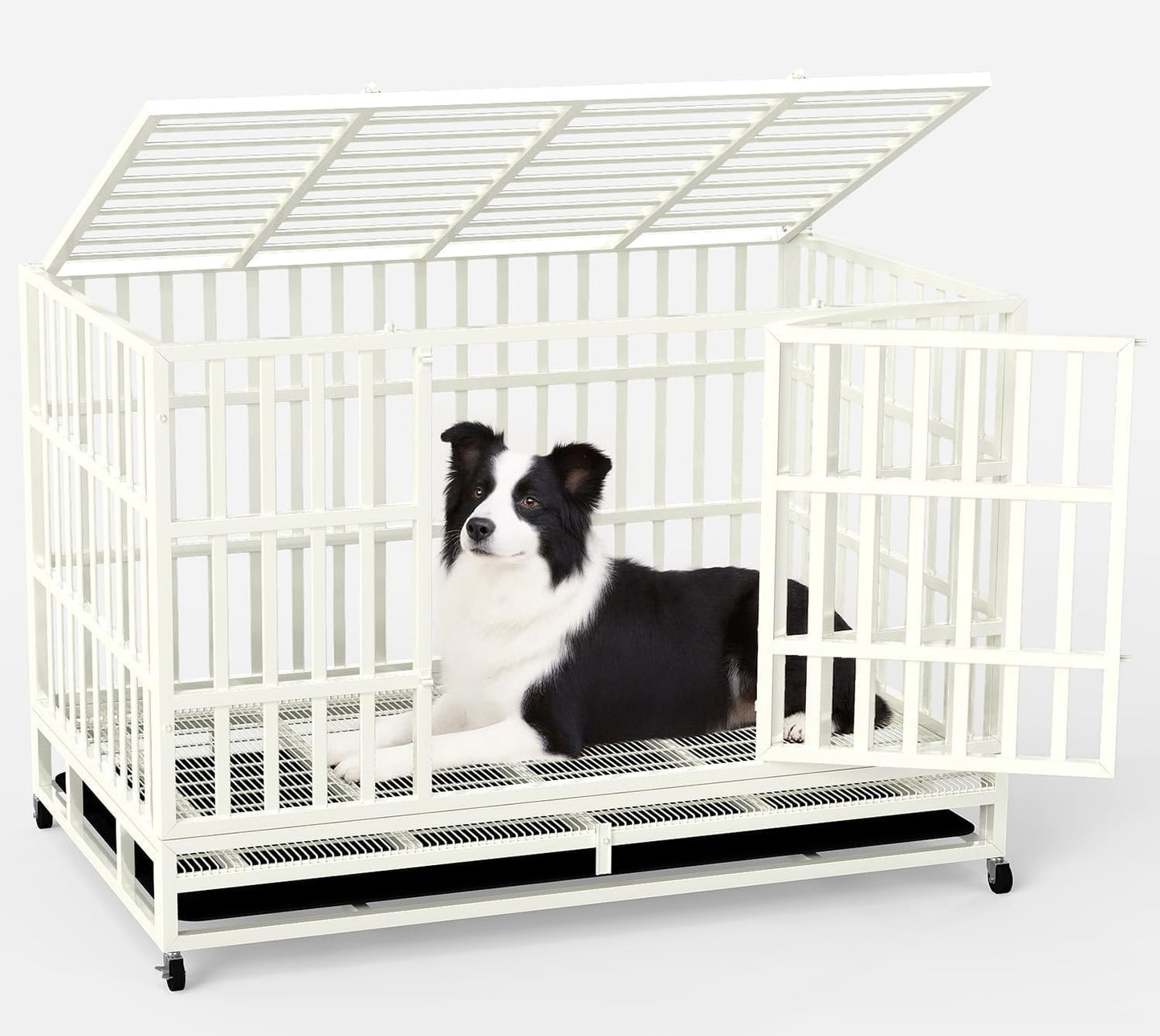 48 Inch Heavy Duty Dog Crate Steel Escape Proof, Indoor Double Door High Anxiety Cage Removable Tray, Extra Large,White