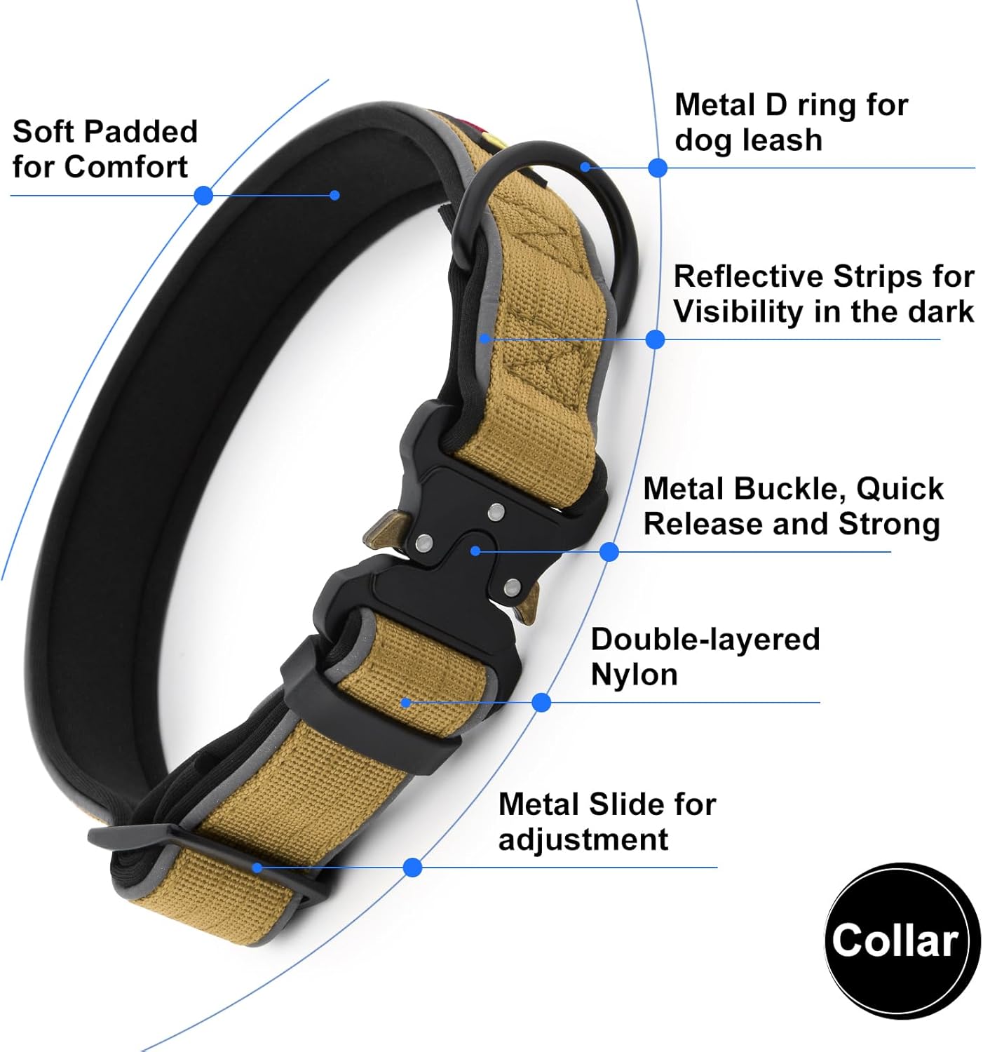 Plutus Pet Tactical Dog Collar, Reflective, Adjustable Heavy Duty Dog Collar, Soft Padded and Comfortable, for Small Medium and Large Dogs (Brown, M)