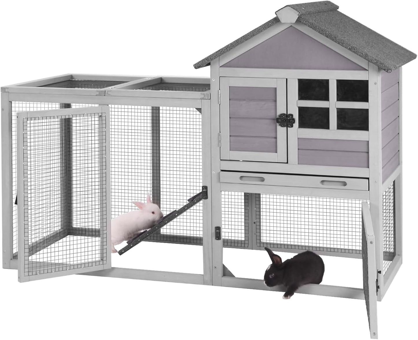 GUTINNEEN Rabbit Hutch Indoor Chicken Coop Outdoor, 51.6''L 2 Story Bunny Cage Weatherproof, Guinea Pig House with Run (Grey)