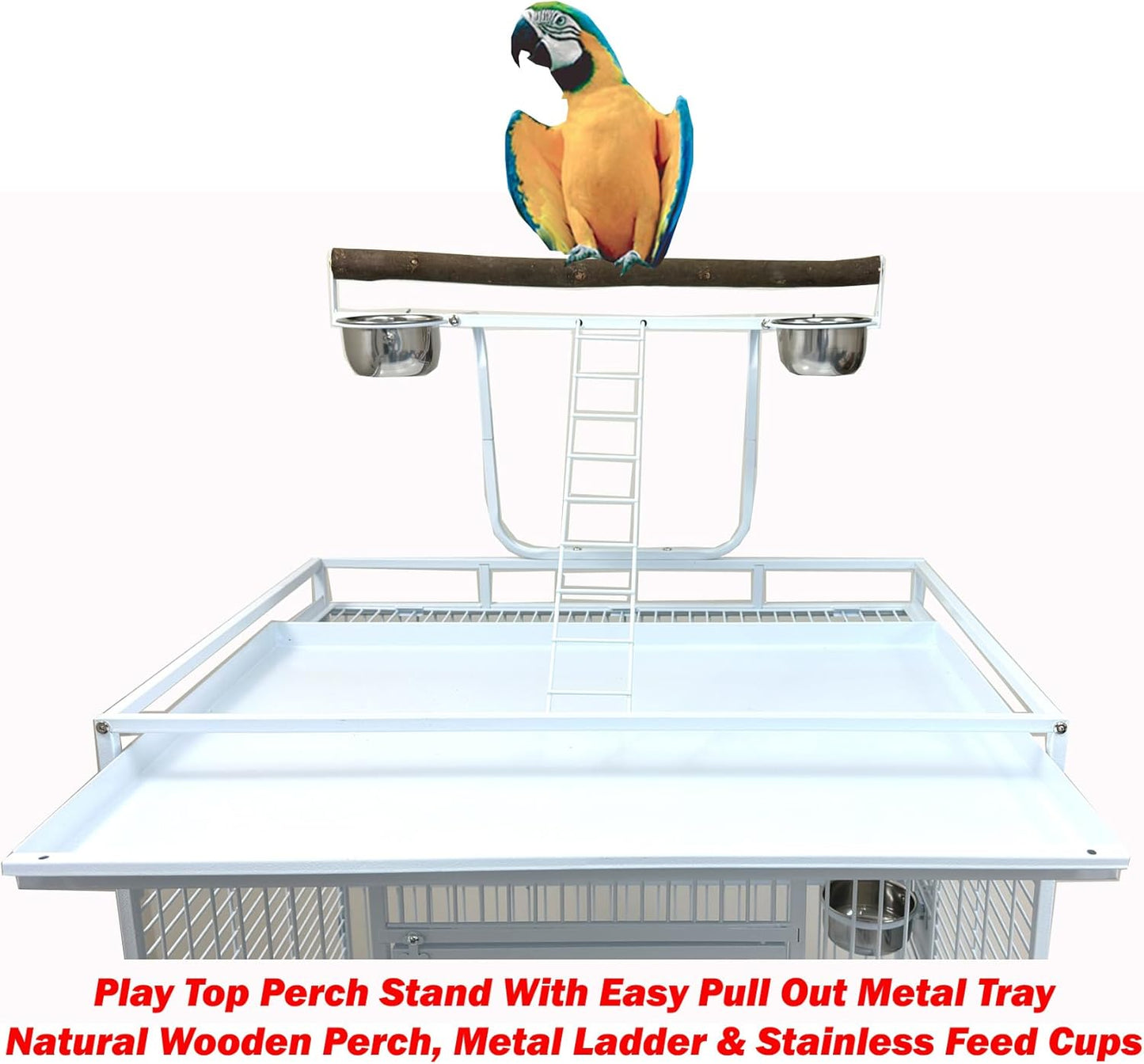 Extra Large Elegant and Durable Wrought Iron Climging Ladders Perch Stand Play Top Ground Bird Parrot Rolling Metal Cage, Include Seed Guard (White Vein, 32" x 23" x 69"H)
