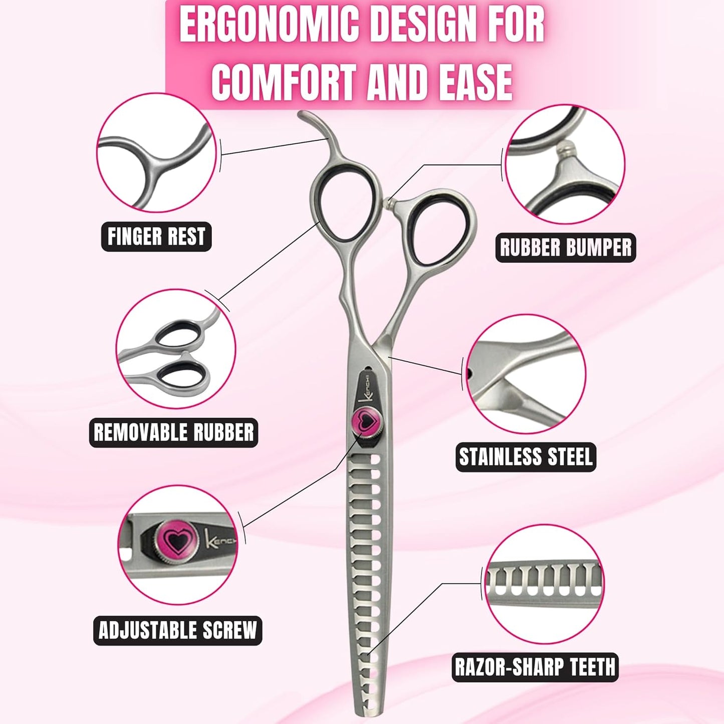 Kenchii Love Dog Grooming Scissors, 17 Tooth Thinning Shears, Dog Scissors for Grooming, Professional Pet Grooming Scissors, Heavy Duty, Durable and Sharp