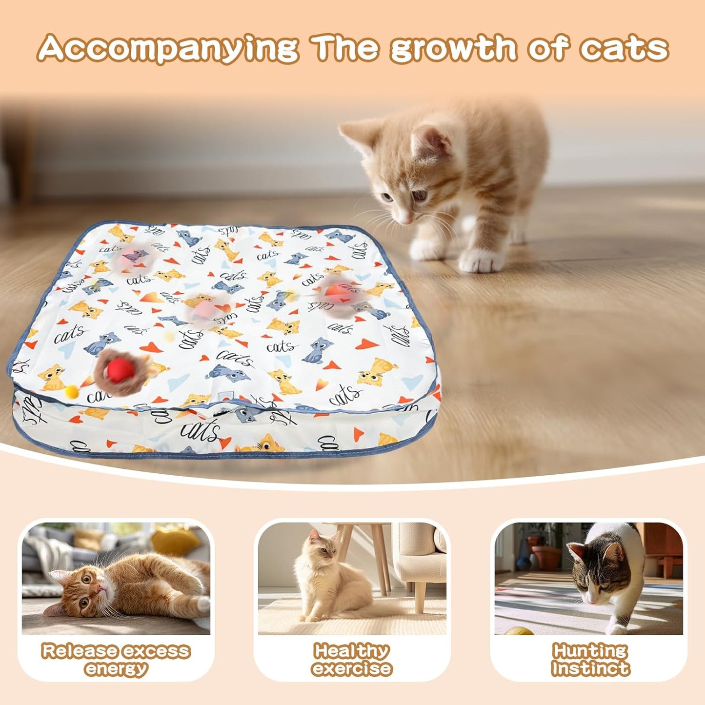 Rocfish Interactive Cat Toys Ball - Automatic Fast Rolling Ball in Play Mat, Hide and Seek Mouse Catching Game, Low-Noise Cat Enrichment Toys in Pouch for Indoor Bored Cats (Red Toy & Square Mat)