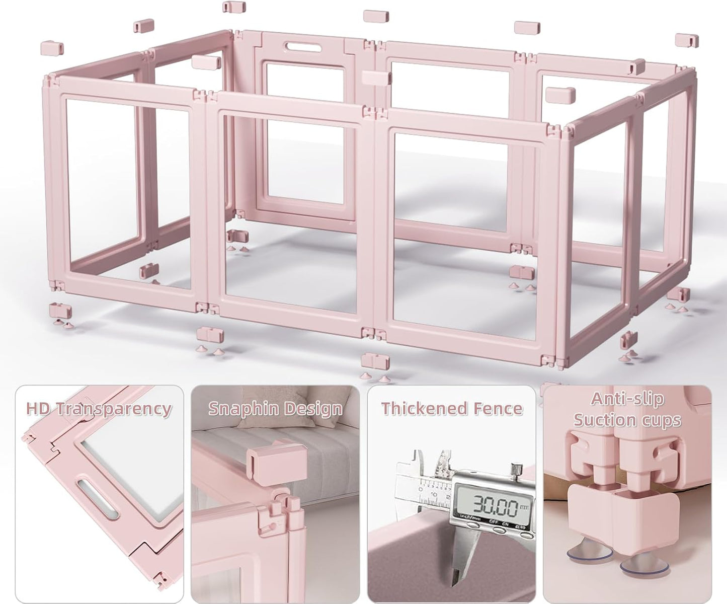 DIY Clear Acrylic Dog Playpen House,Quick Easy Assembly and Disassembly,Strong Floor Suction,Indoor and Outdoor Use,Easy Cleansing Puppy Fence (Skin Pink, 30.3" H, 8PCS)