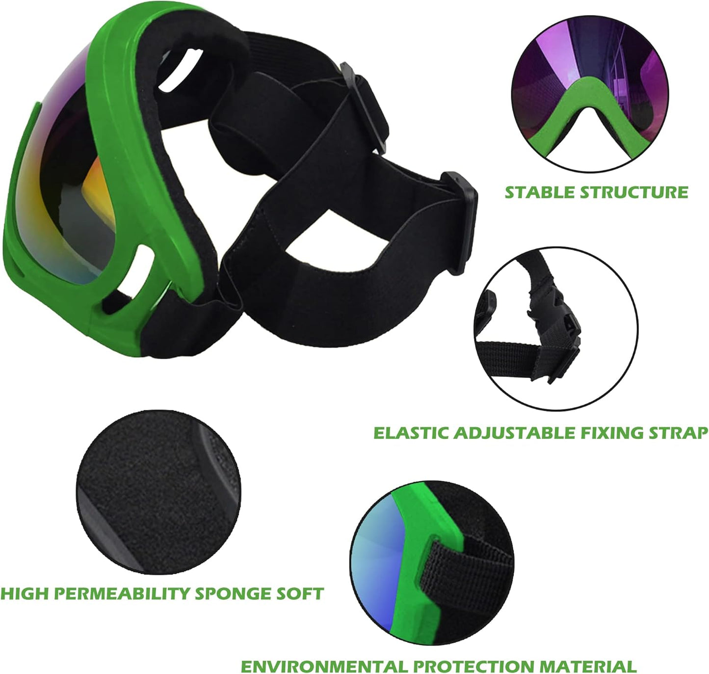 Large Dog Sunglasses With Adjustable Strap UV Protection, Windproof Puppy Eyewear, Suitable for Medium-Large Pets, Eyes Protection, Soft Goggles (Green Frame)