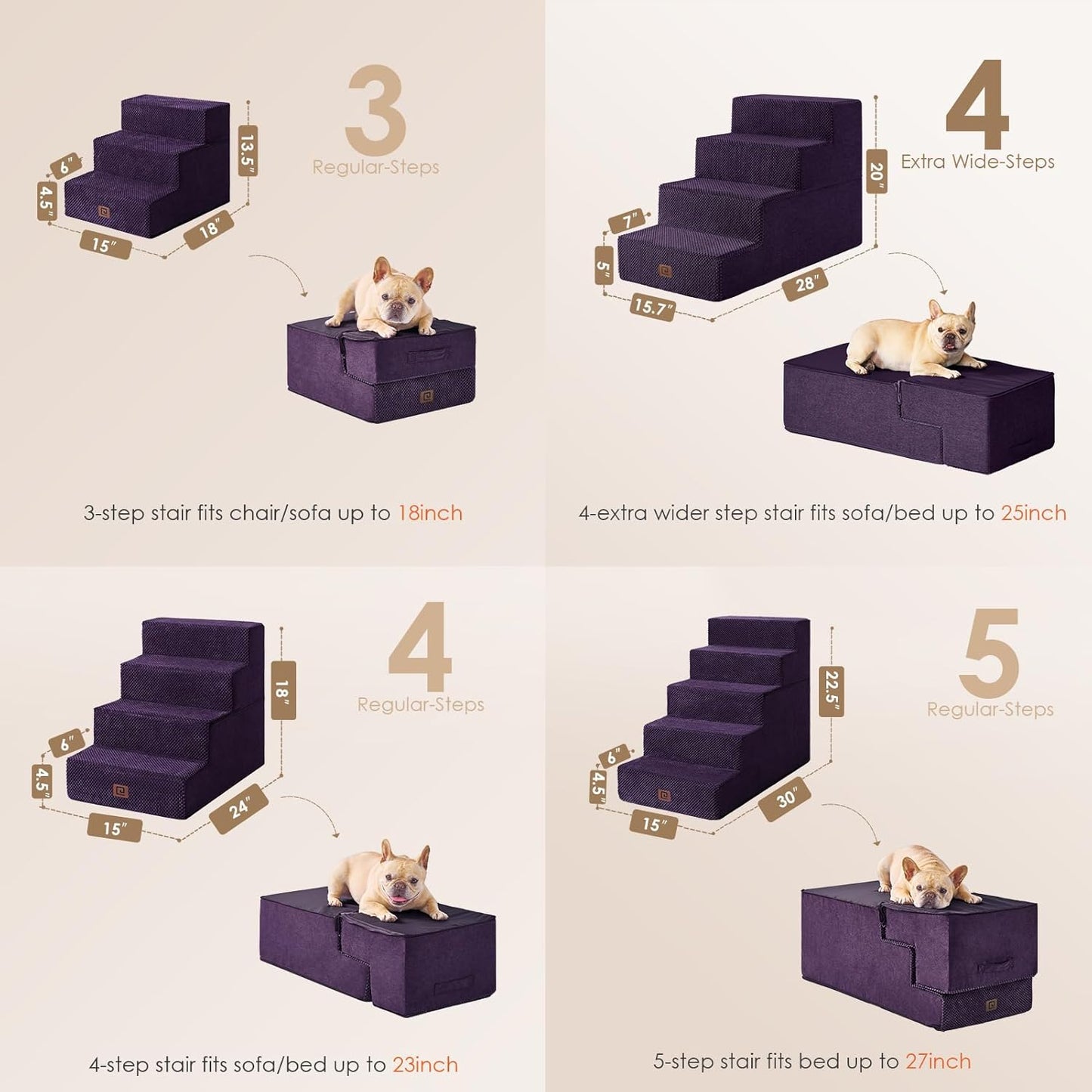 EHEYCIGA Dog Stairs for Bed 20" H, 4-Step Extra Wide Dog Steps for High Bed, Pet Steps for Small Dogs and Cats, Non-Slip Balanced Pet Ramp Indoor, Purple