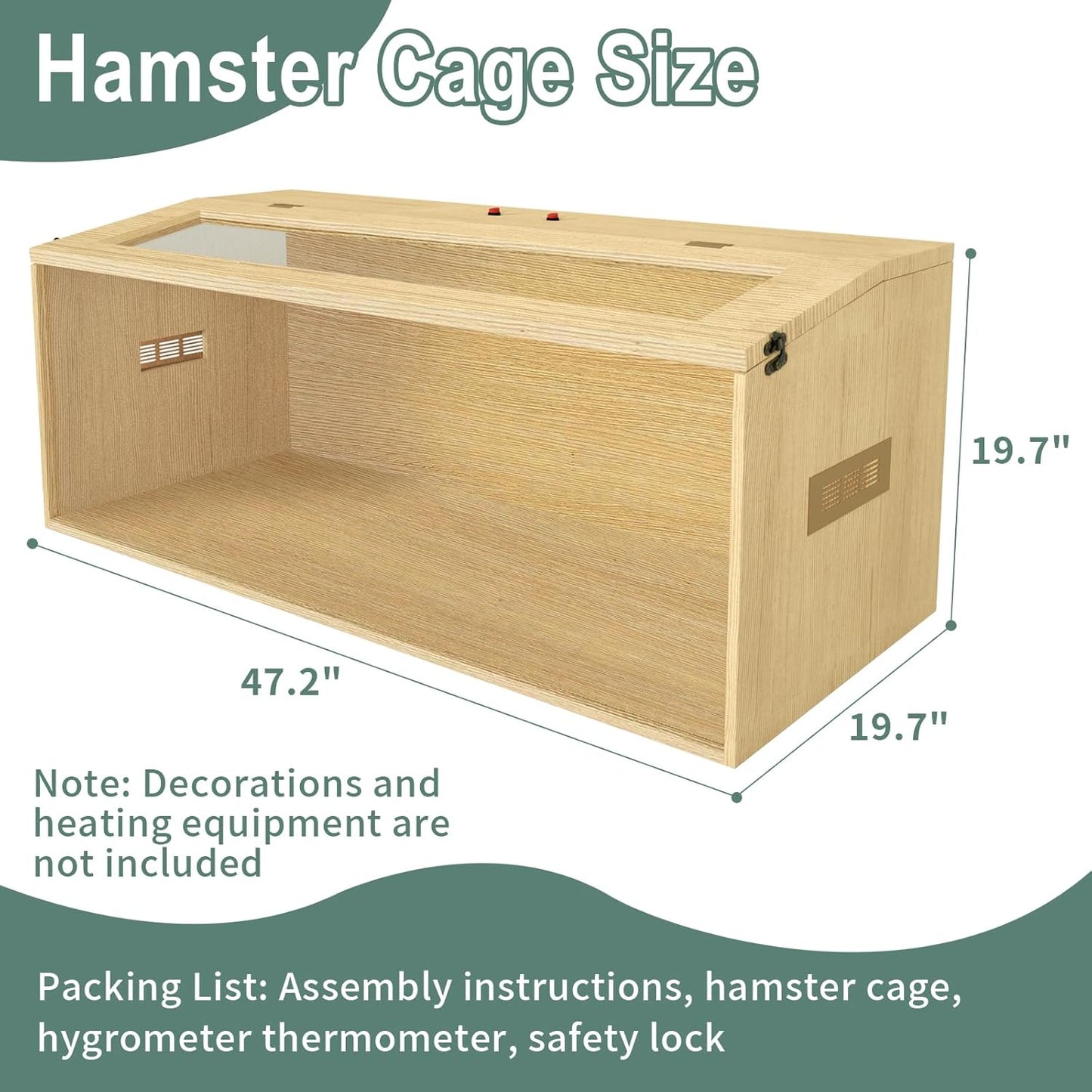 Large Hamster Cage 48", Top Opening Lockable Roof, Gerbil Cage with Ventilation Window, Dwarf Hamster Cages and Habitats, Chewproof Syrian Hamster Habitat Enclosure, (Wooden, 48" L x 20" W x 20" H)