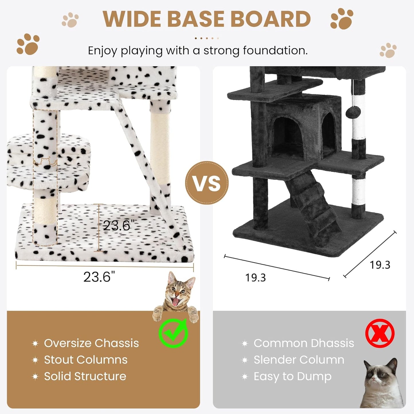 SHA CERLIN 65in Larger Cat Tree Tower Condo for Indoor Kitties/Multi-Level Furniture Activity Center with Wide Base/Cozy Plush Perches/Baskets/Sisal Scratching Posts and Hammock/White & Black Spot