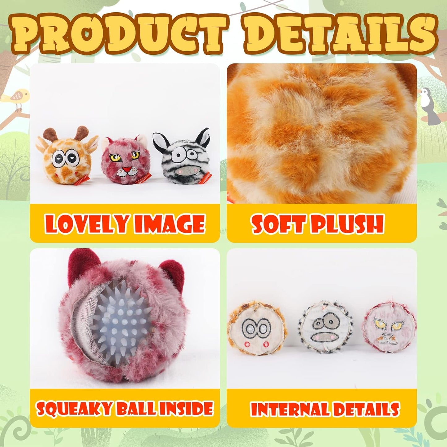 DKING 3Pack Squeaky Dog Balls,2 in1 Funny Puppy Ball Toys,Birthday Dog Toy for Small Medium Dogs (Animal Ball)