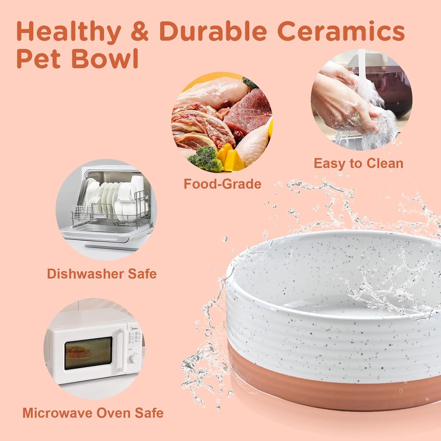 SPUNKYJUNKY Elevated Dog Bowls Ceramic, 7.3'' Dogs Food Water Bowls Raised with Non-Slip Bamboo Stand for Medium to Large Sized Breed Microwave Dishwasher Safe - 42 OZ,Pattern White