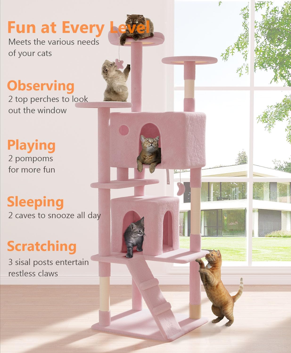 77'' Cat Tree Tower for Indoor Cats Large Adult, Cute/Tall Modern Cat Tree for Big Cats 20 lbs, Plush Multi-Level Cat Condo with Scratching Posts,Dangling Ball (Soft Pink, 77 inch)