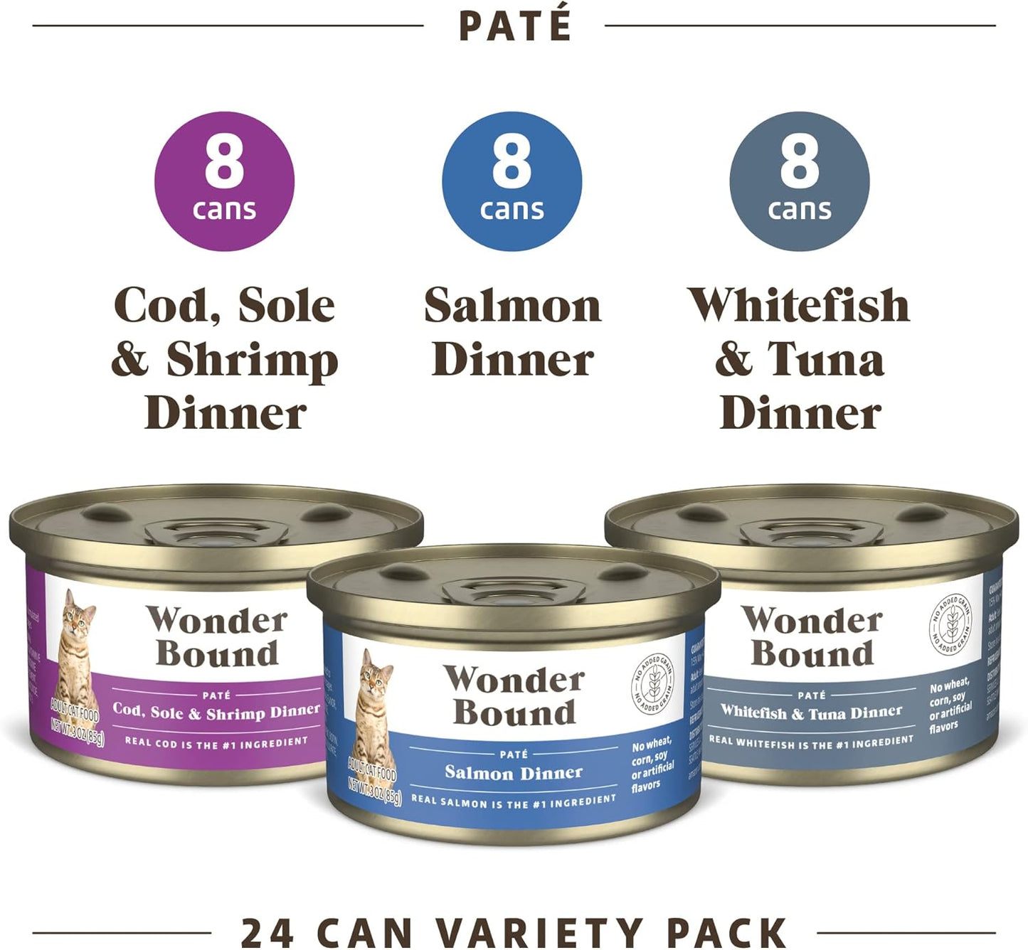 Amazon Brand - Wonder Bound Wet Cat Food, Pate, No Added Grain, Variety Pack (Cod, Sole & Shrimp, Salmon, White Fish & Tuna), 3 ounce (Pack of 24)