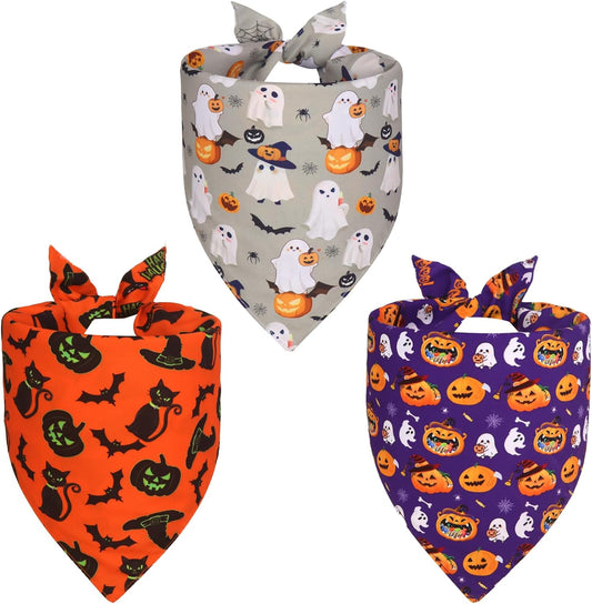 Halloween Dog Bandanas Large 3PCS, 6 Pattern Fall Scarf for Boy and Girl, Triangle Reversible Bibs Breed for Puppy Pets